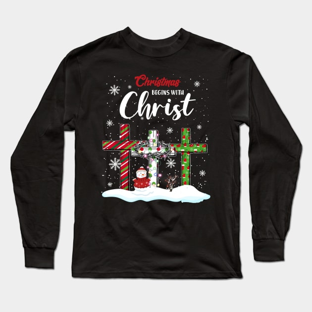 Christmas Begins With Christ Snowman Christian Cross Xmas Long Sleeve T-Shirt by lostbearstudios